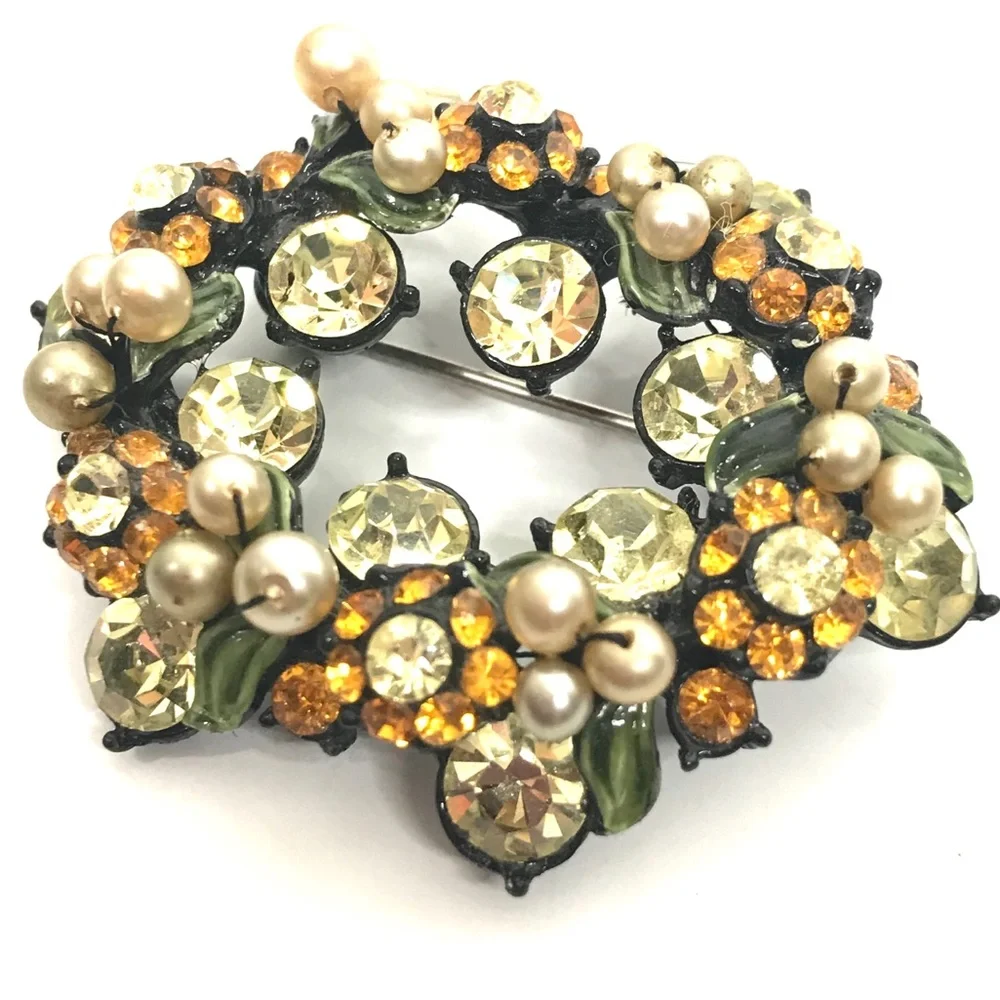 Vintage Rhinestone Brooch Flower Leaf Faux Pearl